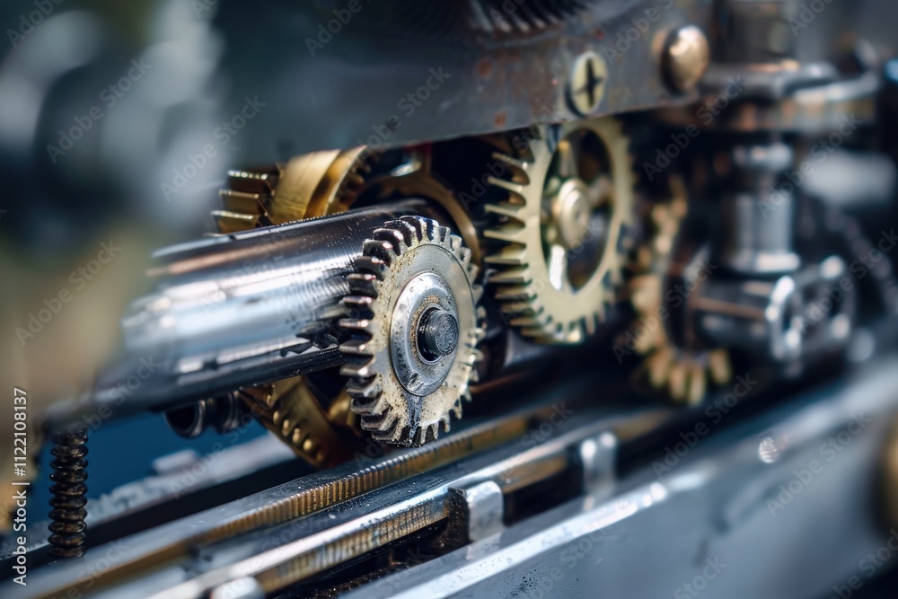 Poster intricate details of vintage brass gear mechanism showcasing mechanical craftsmanship in a dimly lit
