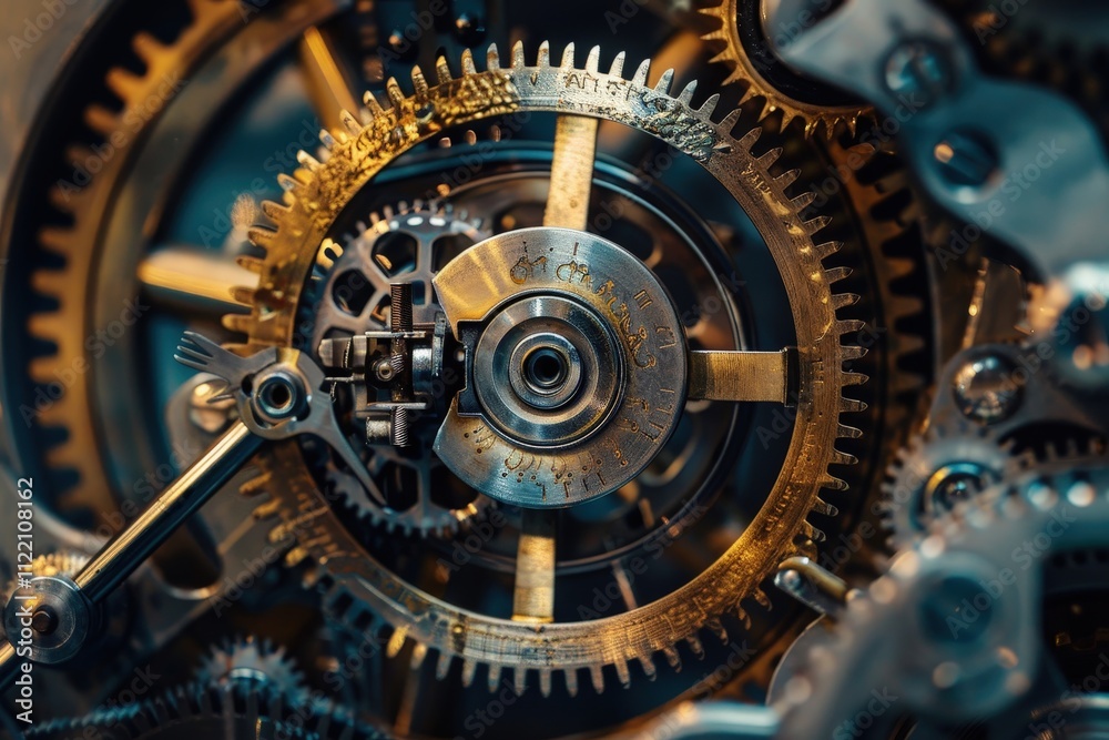 Poster intricate details of vintage brass gear mechanism showcasing mechanical craftsmanship in a dimly lit