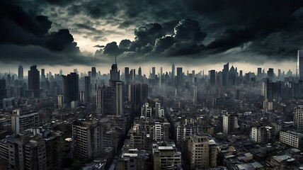 Fototapeta premium Dark Clouds Loom Over a Ruined Cityscape