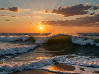 Fototapeta premium A breathtaking sunrise over the sea, with golden rays reflecting off the calm ocean waters, creating a peaceful and mesmerizing coastal scenery.