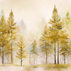Watercolor gold pine tree forest on a white background