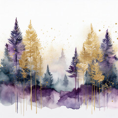 Pine tree forest, watercolor, purple and gold landscape