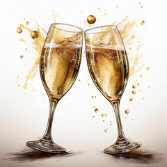Two champagne glasses clinking together, with golden bubbles splashing, representing a celebratory toast