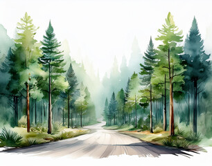 Pine tree forest and a road isolated in a white background 
