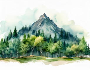Pine tree forest and a mountain isolated in a white background 