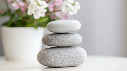 Balanced stones with flowers in background.