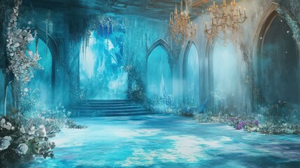 Enchanting icy blue castle hall with floral decor and stairs.