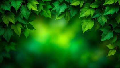 Fototapeta premium Green maple leaves with a blurred green background, create a natural, serene frame.