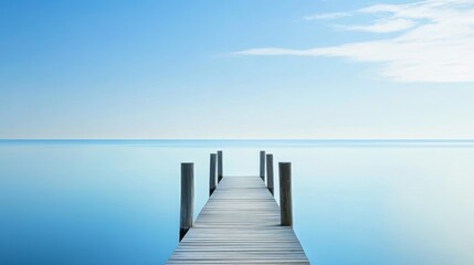 Obraz premium Calm wooden pier extends into serene blue water.