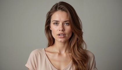 Fototapeta premium Young woman with pursed lips and a serious expression on a neutral background