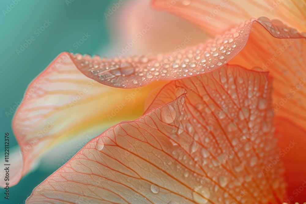 Poster delicate petals of a vibrant flower adorned with droplets reflecting soft light after a refreshing r
