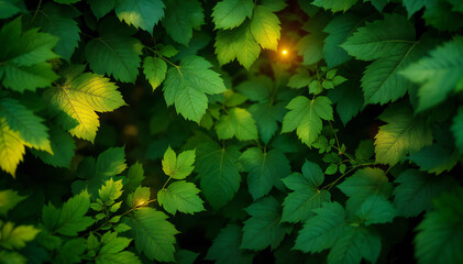 Green maple leaves with sunlight peeking through, creating a warm, natural background.