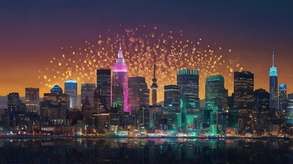 Fototapeta premium Night City Skyline Illuminated with Festive Lights