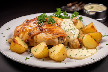 Juicy roasted chicken plated with creamy sauce drizzled over it, surrounded by roasted potatoes and garnished with fresh herbs. Delicious meal ready to enjoy.