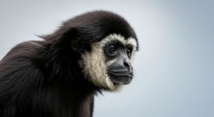 Fototapeta premium Thoughtful gibbon portrait against soft sky background