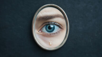Emotional reflectionclose-up of tearful eye in mirror indoor setting artistic perspective