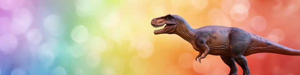 A dinosaur is standing in front of a rainbow background. The dinosaur is large and has a long neck