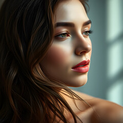 Fototapeta premium A woman with long brown hair and green eyes is wearing red lipstick