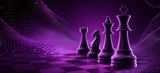 Chess pieces in purple hues, modern digital design, abstract background, illuminated board, strategic game elements, copy space for text