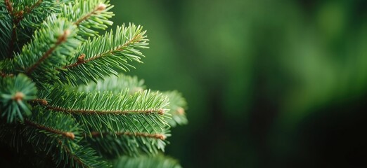 Obraz premium Green pine tree branches close-up, lush foliage, vibrant needles, natural background, soft focus, copy space for text