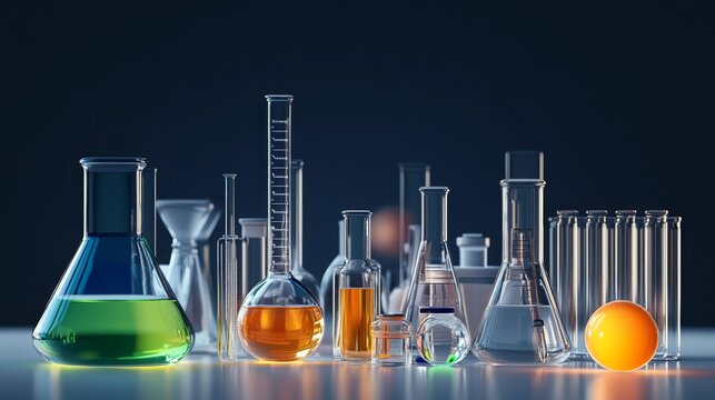Colorful laboratory glassware with liquids.