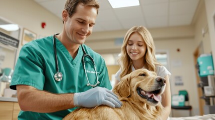 Veterinary checkup for golden retriever animal clinic pet care friendly environment close-up health awareness