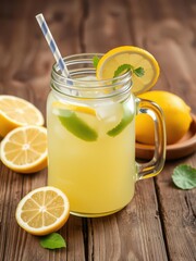 Fototapeta premium Natural lemonade in a mason jar served on a rustic wooden table, rural, natural