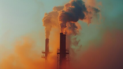 Obraz premium a power plant with smoke coming out from towers, white clouds in the sky, health risks associated with exposure to air pollutants emitted from industrial smokestacks