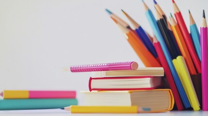 Colorful stationery with books and pencils arranged.