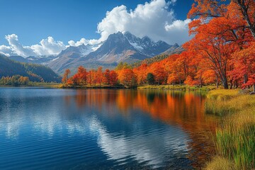 Fototapeta premium serene autumn lake surrounded by fiery red and orange trees, reflections dancing on crystal-clear water, a distant mountain range under a soft blue sky evokes a sense of calm and adventure