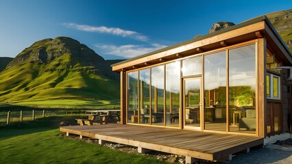 Fototapeta premium Eco-friendly glass house with wooden porch near green hills under blue sky in scenic countryside