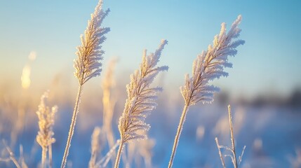 Frosted grass stems glistening in the sunlight on a cold winter morning.