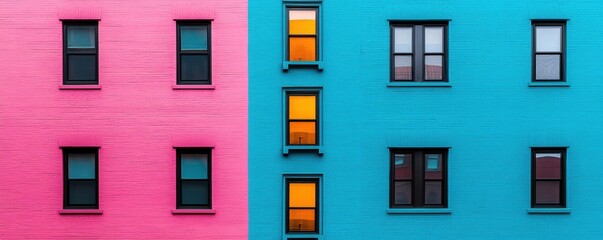 Obraz premium Pink and blue painted brick facade with black-framed windows.
