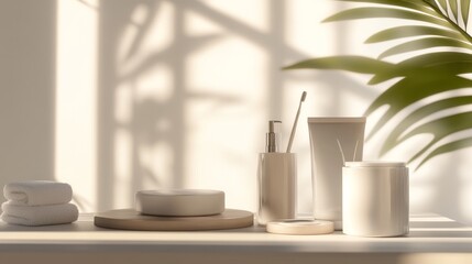 Fototapeta premium Elegant bathroom shelf with spa essentials.