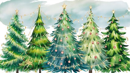 Fototapeta premium Watercolor Christmas trees, set of hand painted vector design elements