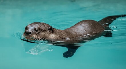 Fototapeta premium Otter swimming in clear blue water, wildlife conservation and natural habitat