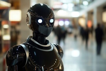 Robot stands in a busy modern shopping mall. Generative AI