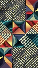 Geometric background with squares, triangles, circles. Shapes harmoniously interact, creating visually striking design for digital designs, presentations, website banners, social media posts