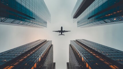 A photo of a commercial jet plane flying directly between two towering glass skyscrapers