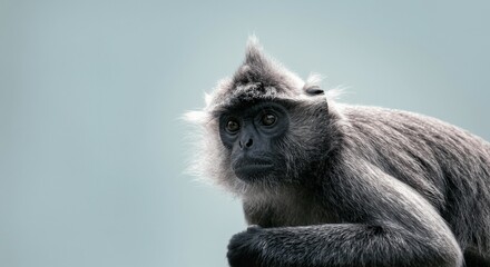 Obraz premium Spectacled langur portrait against soft blue backdrop for wildlife study and appreciation