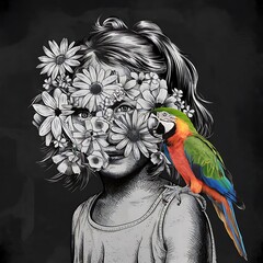 Fototapeta premium Girl instead of a face flowers and a parrot. Sketch scratch board imitation. Black and white. Engraving vector illustration.