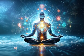 Digital artwork of a meditating figure surrounded by glowing symbols and energy patterns in a cosmic background.