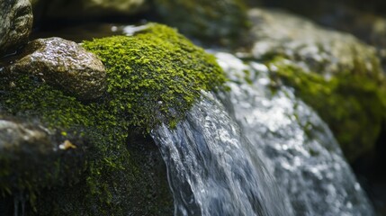 Gentle stream flowing over mossy stones.