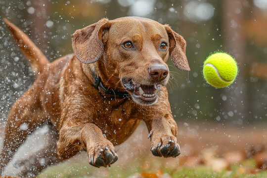 Redbone Coonhound glossy reddish coat captured mid air energetically leaping snatch bright yellow tennis ball. early morning mist adds ethereal touch moment.