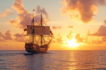 Fototapeta premium A large ship sails in the ocean at sunset. The sky is filled with clouds and the sun is setting