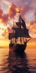 Obraz premium A large ship sails in the ocean at sunset. The sky is filled with clouds and the sun is setting, creating a warm and peaceful atmosphere