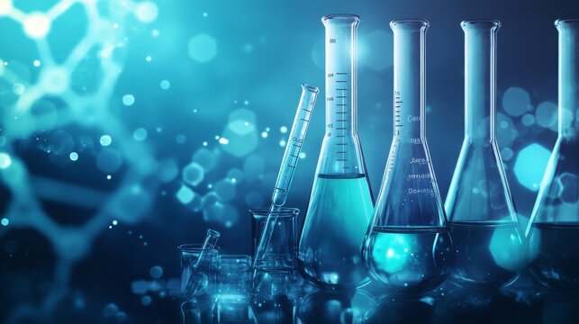 Laboratory glassware with glowing blue liquid.