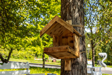Wooden bird feeder on a tree
