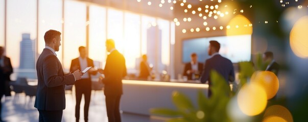 Business professionals networking at a modern event space during sunset. Corporate environment with blurred cityscape and decorative lighting