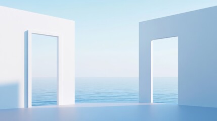 Minimalist space with ocean view and doors.